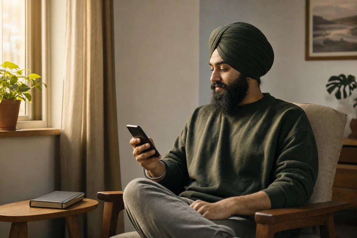 A Sikh man listening calmly on his phone at dawn