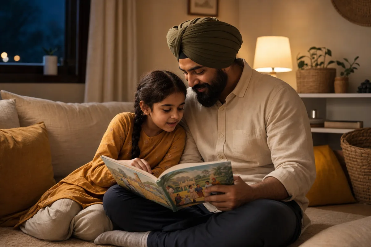 A Sikh parent and child reading together in the evening