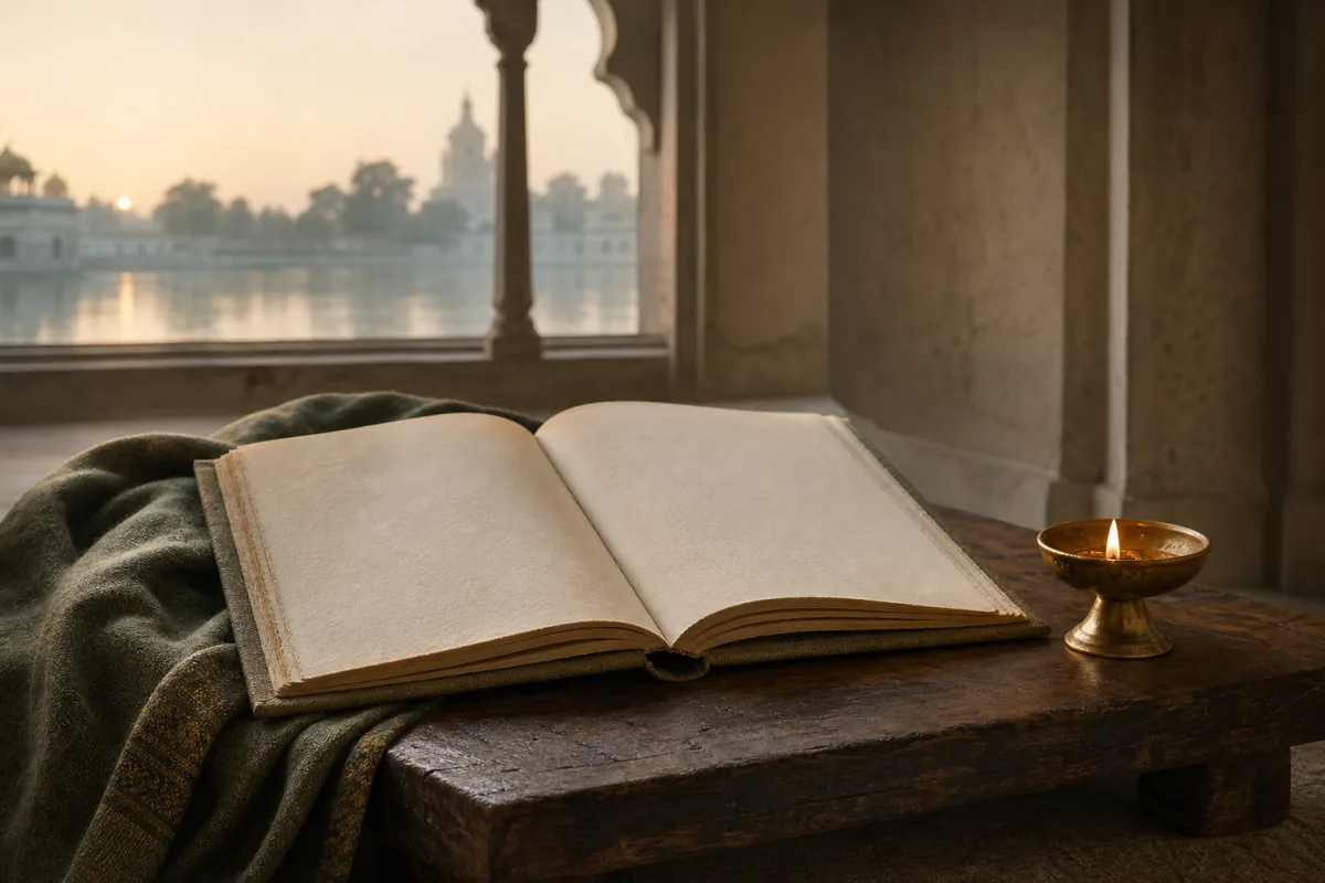 An open storybook in a quiet dawn reading space